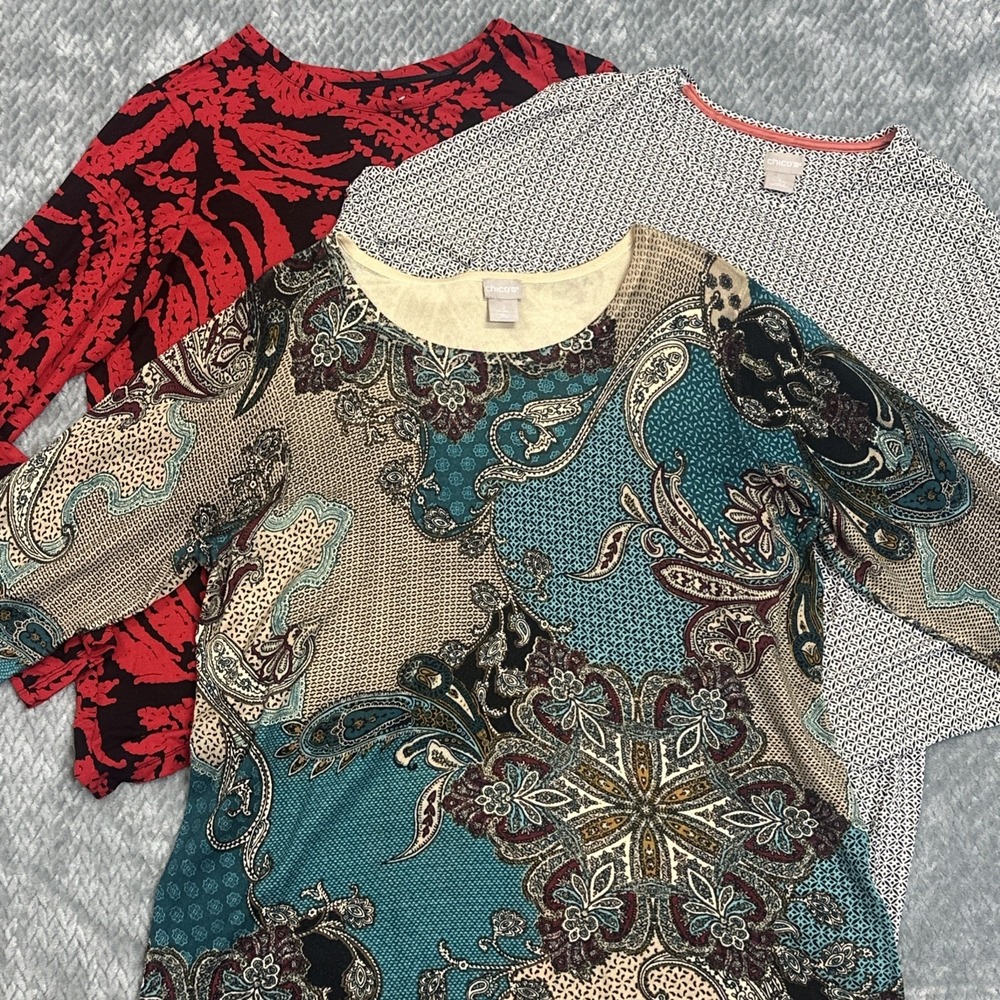 Lot Of 3 Chicos Large Long Sleeve Shirts Basic Closet Staple Lot Top Size 2 Work